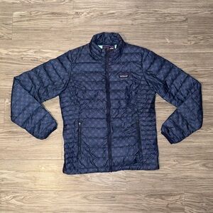 Patagonia Down Sweater Jacket Women’s Size M Blue Print Fill Zip Packable Puffer